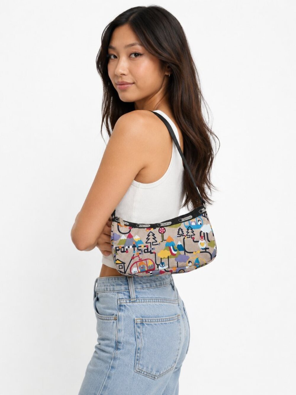 LeSportsac Ski Gondola Gnome Penguin Print Nylon Shoulder Mini Bag NWT